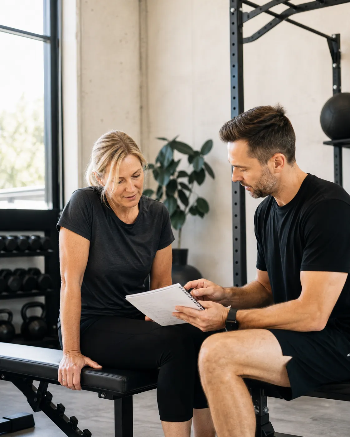 An adult client reviewing a handwritten training plan with a personal trainer