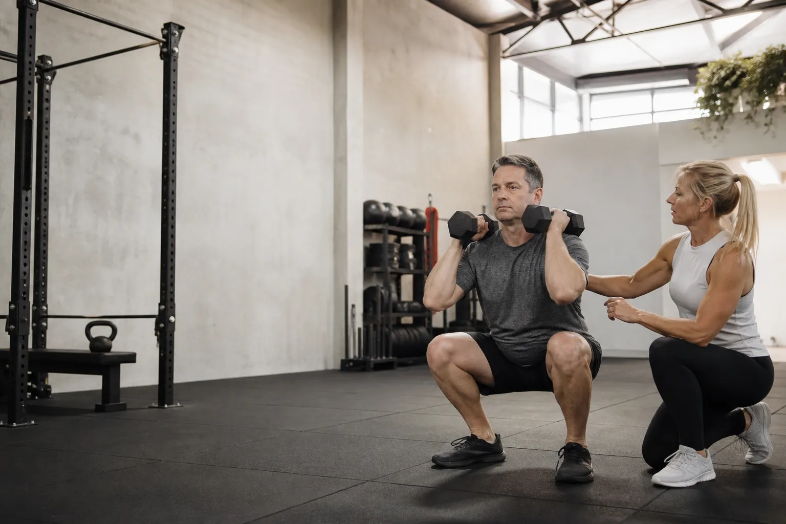A trainer coaching an adult client through a dumbbell squat in a quiet studio